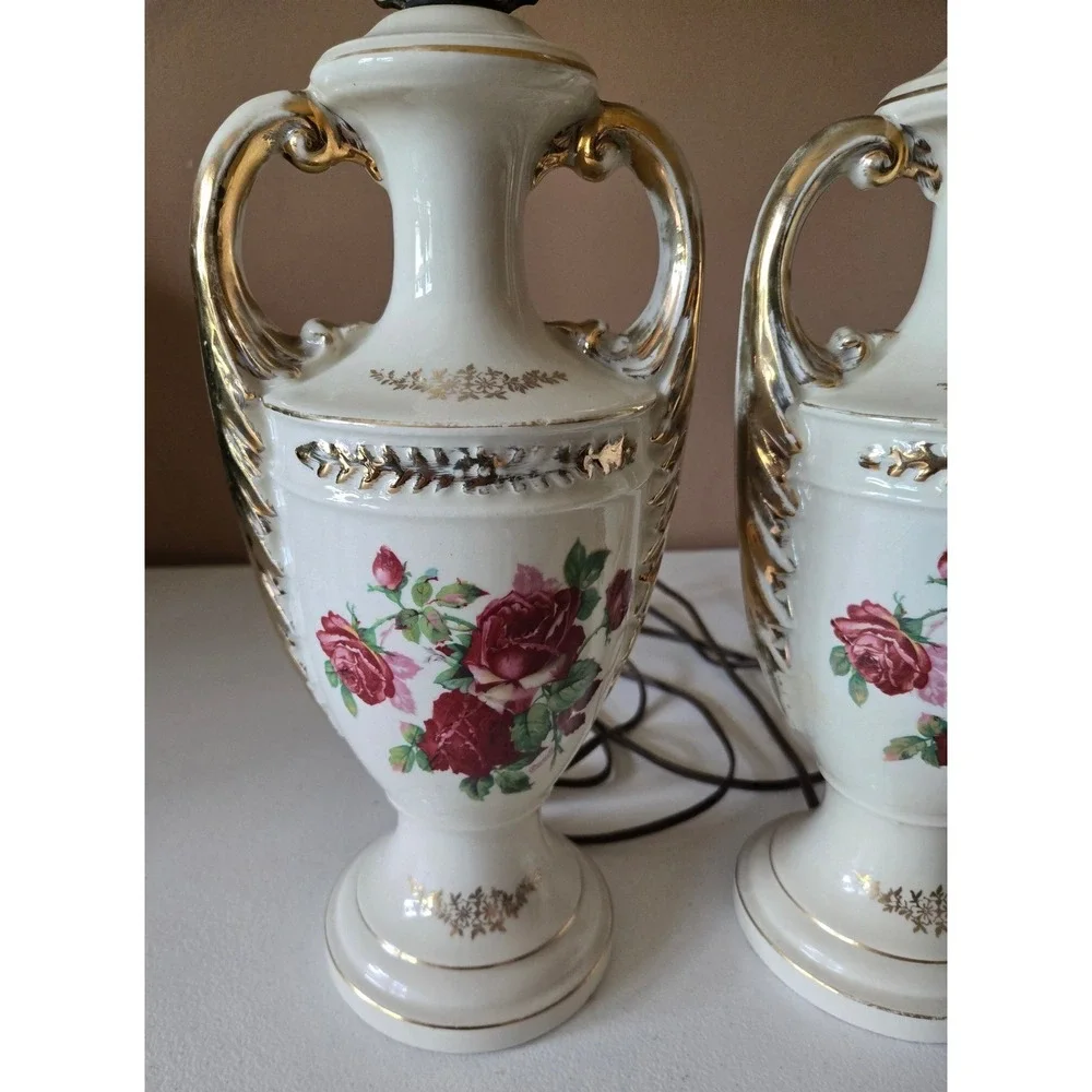 Vintage Pair Floral Porcelain Urn Table Lamps White Gold Roses Hollywood Regency